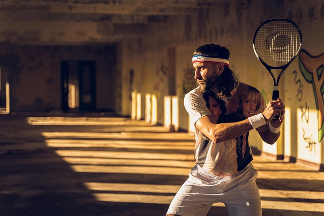 Tennis racket and ball on a clay court.